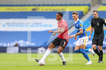 2020-09-26 - Manchester United Forward Anthony Martial battles with Brighton and Hove Albion defender Ben White (3) during the English championship Premier League football match between Brighton and Hove Albion and Manchester United on September 26, 2020 at the American Express Community Stadium in Brighton and Hove, England - Photo Phil Duncan / ProSportsImages / DPPI - BRIGHTON AND HOVE ALBION - ENGLISH PREMIER LEAGUE - SOCCER