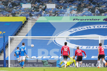 2020-09-26 - Brighton and Hove Albion forward Neal Maupay (9) scores from the penalty spot 1-0 goal during the English championship Premier League football match between Brighton and Hove Albion and Manchester United on September 26, 2020 at the American Express Community Stadium in Brighton and Hove, England - Photo Phil Duncan / ProSportsImages / DPPI - BRIGHTON AND HOVE ALBION - ENGLISH PREMIER LEAGUE - SOCCER