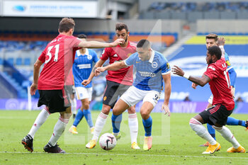 2020-09-26 - Brighton and Hove Albion forward Neal Maupay (9) battles with Manchester United Midfielder Nemanja Matic and Manchester United Midfielder Fred during the English championship Premier League football match between Brighton and Hove Albion and Manchester United on September 26, 2020 at the American Express Community Stadium in Brighton and Hove, England - Photo Phil Duncan / ProSportsImages / DPPI - BRIGHTON AND HOVE ALBION - ENGLISH PREMIER LEAGUE - SOCCER
