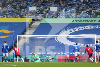 2020-09-26 - Manchester United Midfielder Bruno Fernandes scores from the penalty spot past Brighton and Hove Albion goalkeeper Mathew Ryan (1) 2-3 goal during the English championship Premier League football match between Brighton and Hove Albion and Manchester United on September 26, 2020 at the American Express Community Stadium in Brighton and Hove, England - Photo Phil Duncan / ProSportsImages / DPPI - BRIGHTON AND HOVE ALBION - ENGLISH PREMIER LEAGUE - SOCCER