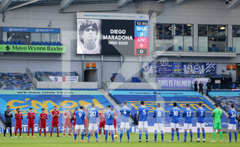 2020-11-28 - Homage to Diego Maradona during the English championship, Premier League football match between Brighton and Hove Albion and Liverpool on November 28, 2020 at the American Express Community Stadium in Brighton and Hove, England - Photo Phil Duncan / ProSportsImages / DPPI - BRIGHTON AND HOVE ALBION VS LIVERPOOL - ENGLISH PREMIER LEAGUE - SOCCER
