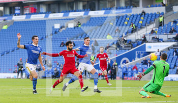 2020-11-28 - Liverpool forward Mohamed Salah (11) shoots past Brighton and Hove Albion goalkeeper Mathew Ryan (1) offside goal during the English championship, Premier League football match between Brighton and Hove Albion and Liverpool on November 28, 2020 at the American Express Community Stadium in Brighton and Hove, England - Photo Phil Duncan / ProSportsImages / DPPI - BRIGHTON AND HOVE ALBION VS LIVERPOOL - ENGLISH PREMIER LEAGUE - SOCCER