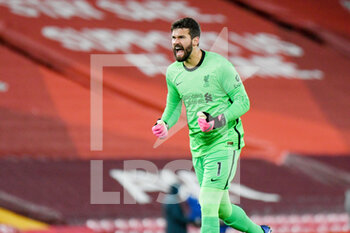 2020-12-27 - Liverpool goalkeeper Alisson Becker (1) gestures and reacts after Liverpool forward Sadio Mane (10) scores a goal to make the score 1-0 during the English championship Premier League football match between Liverpool and West Bromwich Albion on December 27, 2020 at Anfield in Liverpool, England - Photo Malcolm Bryce / ProSportsImages / DPPI - LIVERPOOL VS WEST BROMWICH ALBION - ENGLISH PREMIER LEAGUE - SOCCER