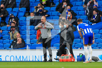 2021-05-18 - Manchester City manager Josep Guardiola gestures during the English championship Premier League football match between Brighton and Hove Albion and Manchester City on May 18, 2021 at the American Express Community Stadium in Brighton and Hove, England - Photo Phil Duncan / ProSportsImages / DPPI - BRIGHTON AND HOVE ALBION VS MANCHESTER CITY - ENGLISH PREMIER LEAGUE - SOCCER