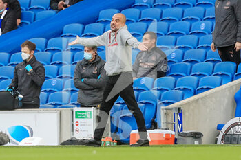 2021-05-18 - Manchester City manager Josep Guardiola gestures during the English championship Premier League football match between Brighton and Hove Albion and Manchester City on May 18, 2021 at the American Express Community Stadium in Brighton and Hove, England - Photo Phil Duncan / ProSportsImages / DPPI - BRIGHTON AND HOVE ALBION VS MANCHESTER CITY - ENGLISH PREMIER LEAGUE - SOCCER
