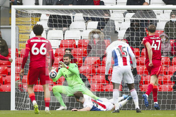 2021-05-23 - Liverpool goalkeeper Alisson Becker (1) gets down to make the save during the English championship Premier League football match between Liverpool and Crystal Palace on May 23, 2021 at Anfield in Liverpool, England - Photo Craig Galloway / ProSportsImages / DPPI - LIVERPOOL VS CRYSTAL PALACE - ENGLISH PREMIER LEAGUE - SOCCER