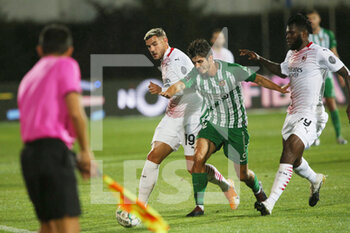 2020-10-01 - Lucas Piazon of Rio Ave in action with Theo Hernandez and Franck Kessie of Milan during the UEFA Europa League, qualifying play-offs football match between Rio Ave FC and AC Milan on October 1, 2020 at Estadio dos Arcos in Vila do Conde, Portugal - Photo Nuno Guimaraes / ProSportsImages / DPPI - RIO AVE FC VS AC MILAN - UEFA EUROPA LEAGUE - SOCCER