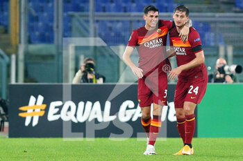 2020-11-05 - Roger Ibanez of Roma celebrates with Marash Kumbulla after scoring 2-0 goal during the UEFA Europa League, Group Stage, Group A football match between AS Roma and CFR Cluj on November 5, 2020 at Stadio Olimpico in Rome, Italy - Photo Federico Proietti / DPPI - AS ROMA VS CFR CLUJ - UEFA EUROPA LEAGUE - SOCCER