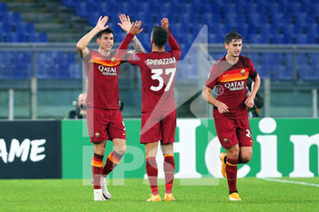 2020-11-05 - Roger Ibanez of Roma celebrates with Leonardo Spinazzola after scoring 2-0 goal during the UEFA Europa League, Group Stage, Group A football match between AS Roma and CFR Cluj on November 5, 2020 at Stadio Olimpico in Rome, Italy - Photo Federico Proietti / DPPI - AS ROMA VS CFR CLUJ - UEFA EUROPA LEAGUE - SOCCER