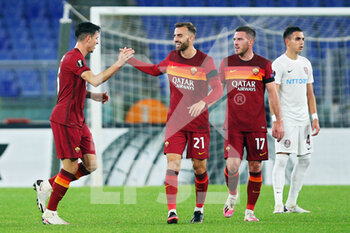 2020-11-05 - Roger Ibanez of Roma celebrates with Borja Mayoral after scoring 2-0 goal during the UEFA Europa League, Group Stage, Group A football match between AS Roma and CFR Cluj on November 5, 2020 at Stadio Olimpico in Rome, Italy - Photo Federico Proietti / DPPI - AS ROMA VS CFR CLUJ - UEFA EUROPA LEAGUE - SOCCER