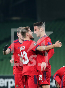 2020-11-26 - Rapid Wien's Ercan Kara celebrates the second goal with Thorsten Schick during the UEFA Europa League, Group B football match between Dundalk and SK Rapid Wien on November 26, 2020 at Aviva Stadium in Dublin, Ireland - Photo Ben Whitley / ProSportsImages / DPPI - DUNDALK VS SK RAPID WIEN - UEFA EUROPA LEAGUE - SOCCER