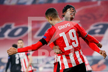 2020-11-26 - Noni Madueke of PSV celebrating goal (2-2) with Cody Gakpo during the UEFA Europa League, Group E football match between PSV and PAOK on november 26, 2020 at Philips Stadion in Eindhoven, Netherlands - Photo Perry vd Leuvert / Orange Pictures / DPPI - PSV VS PAOK - UEFA EUROPA LEAGUE - SOCCER