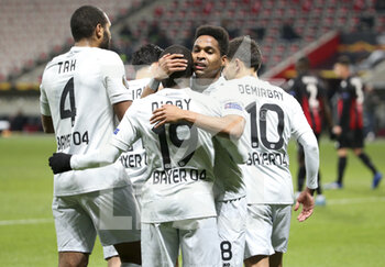 2020-12-03 - Moussa Diaby of Bayer Leverkusen celebrates his goal with Wendell and teammates during the UEFA Europa League, Group C football match between OGC Nice and Bayer Leverkusen on December 3, 2020 at Allianz Riviera stadium in Nice, France - Photo Jean Catuffe / DPPI - OGC NICE VS BAYER LEVERKUSEN - UEFA EUROPA LEAGUE - SOCCER