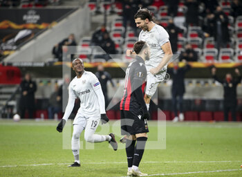 2020-12-03 - Aleksandar Dragovic of Bayer Leverkusen celebrates his goal with Moussa Diaby (left) during the UEFA Europa League, Group C football match between OGC Nice and Bayer Leverkusen on December 3, 2020 at Allianz Riviera stadium in Nice, France - Photo Jean Catuffe / DPPI - OGC NICE VS BAYER LEVERKUSEN - UEFA EUROPA LEAGUE - SOCCER