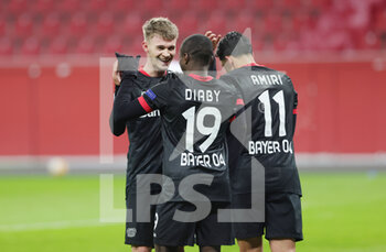 2020-12-10 - Moussa Diaby of Bayer 04 Leverkusen celebrates after the 3-0 goal with Daley Sinkgraven during the UEFA Europa League, Group C football match between Bayer 04 Leverkusen and Slavia Praha on December 10, 2020 at BayArena in Leverkusen, Germany - Photo Ralf Ibing / firo Sportphoto / DPPI - BAYER LEVERKUSEN VS SLAVIA PRAHA - UEFA EUROPA LEAGUE - SOCCER