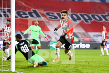 2020-12-10 - Donyell Malen of PSV Eindhoven celebrates after scoring his sides first goal during the UEFA Europa League, Group E football match between PSV and Omonia Nicosia on December 10, 2020 at Philips Stadion in Eindhoven, Netherlands - Photo Perry vd Leuvert / Orange Pictures / DPPI - PSV VS OMONIA NICOSIA - UEFA EUROPA LEAGUE - SOCCER