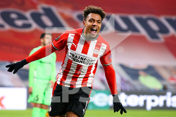 2020-12-10 - Donyell Malen of PSV Eindhoven celebrates after scoring his sides first goal during the UEFA Europa League, Group E football match between PSV and Omonia Nicosia on December 10, 2020 at Philips Stadion in Eindhoven, Netherlands - Photo Perry vd Leuvert / Orange Pictures / DPPI - PSV VS OMONIA NICOSIA - UEFA EUROPA LEAGUE - SOCCER