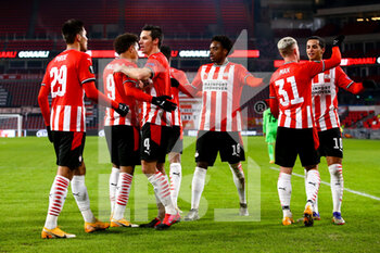 2020-12-10 - Donyell Malen of PSV Eindhoven (2L) celebrates after scoring his sides first goal with his team mates during the UEFA Europa League, Group E football match between PSV and Omonia Nicosia on December 10, 2020 at Philips Stadion in Eindhoven, Netherlands - Photo Perry vd Leuvert / Orange Pictures / DPPI - PSV VS OMONIA NICOSIA - UEFA EUROPA LEAGUE - SOCCER