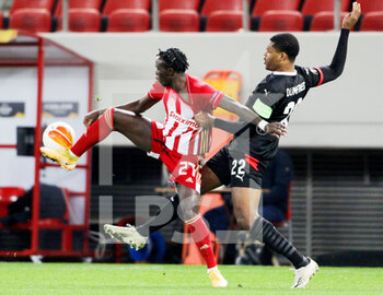 2021-02-18 - Bruma of Olympiacos, Denzel Dumfries of PSV during the UEFA Europa League, round of 32, 1st leg football match between Olympiacos and PSV on February 18, 2021 at Stadio Georgios Karaiskakis in Piraeus, Greece - Photo Lato Klodian / Orange Pictures / DPPI - OLYMPIACOS AND PSV - UEFA EUROPA LEAGUE - SOCCER