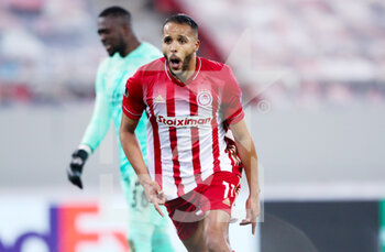 2021-02-18 - Youssef ElArabi of Olympiacos celebrates after scoring his sides third goal during the UEFA Europa League, round of 32, 1st leg football match between Olympiacos and PSV on February 18, 2021 at Stadio Georgios Karaiskakis in Piraeus, Greece - Photo Lato Klodian / Orange Pictures / DPPI - OLYMPIACOS AND PSV - UEFA EUROPA LEAGUE - SOCCER