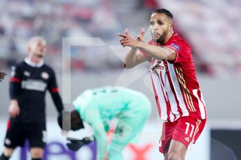 2021-02-18 - Youssef ElArabi of Olympiacos celebrates after scoring his sides third goal during the UEFA Europa League, round of 32, 1st leg football match between Olympiacos and PSV on February 18, 2021 at Stadio Georgios Karaiskakis in Piraeus, Greece - Photo Lato Klodian / Orange Pictures / DPPI - OLYMPIACOS AND PSV - UEFA EUROPA LEAGUE - SOCCER
