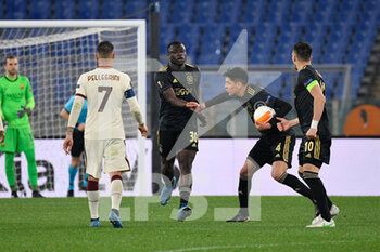 2021-04-15 - Brian Brobbey of AFC Ajax celebrates after scoring goal 0-1 seen in action during the UEFA Europa League Quarter Finals football match between AS Roma and AFC Ajax at the Olimpic Stadium in Rome. - AS ROMA VS AFC AJAX - UEFA EUROPA LEAGUE - SOCCER