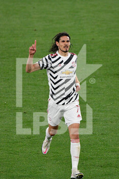 2021-05-06 - Edinson Cavani of Manchester United celebrates after scoring goal 0-1 seen in action during the UEFA Europa League Quarter Finals football match between AS Roma and Manchester United at the Olimpic Stadium in Rome. - AS ROMA VS MANCHESTER UNITED - UEFA EUROPA LEAGUE - SOCCER