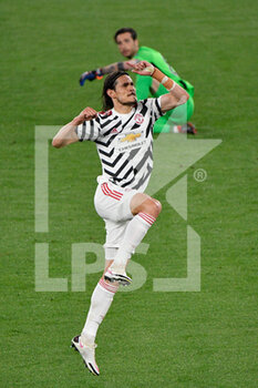 2021-05-06 - Edinson Cavani of Manchester United celebrates after scoring goal 0-1 seen in action during the UEFA Europa League Quarter Finals football match between AS Roma and Manchester United at the Olimpic Stadium in Rome. - AS ROMA VS MANCHESTER UNITED - UEFA EUROPA LEAGUE - SOCCER