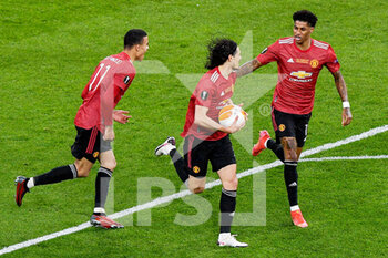 2021-05-26 - Edinson Cavani of Manchester United celebrates after scoring his sides first goal with Mason Greenwood of Manchester United and Marcus Rashford of Manchester United during the UEFA Europa League, Final football match between Villarreal CF and Manchester United on May 26, 2021 at Stadion Energa Gdansk in Gdansk, Poland - Photo Pablo Morano / Orange Pictures / DPPI - FINAL - VILLARREAL CF VS MANCHESTER UNITED - UEFA EUROPA LEAGUE - SOCCER