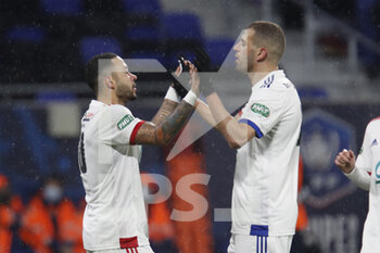 2021-02-09 - Memphis DEPAY of Lyon and Islam SLIMANI of Lyon during the French Cup, round of 64 football match between Olympique Lyonnais and AC Ajaccio on February 9, 2021 at Groupama Stadium in Décines-Charpieu near Lyon, France - Photo Romain Biard / Isports / DPPI - OLYMPIQUE LYONNAIS AND AC AJACCIO - FRENCH CUP - SOCCER