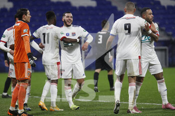 2021-02-09 - Rayan CHERKI of Lyon and Maxwel CORNET of Lyon and Memphis DEPAY of Lyon and Islam SLIMANI of Lyon during the French Cup, round of 64 football match between Olympique Lyonnais and AC Ajaccio on February 9, 2021 at Groupama Stadium in DÃ©cines-Charpieu near Lyon, France - Photo Romain Biard / Isports / DPPI - OLYMPIQUE LYONNAIS AND AC AJACCIO - FRENCH CUP - SOCCER