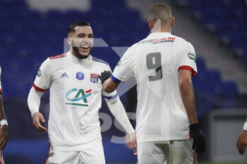 2021-02-09 - Rayan CHERKI of Lyon and Islam SLIMANI of Lyon during the French Cup, round of 64 football match between Olympique Lyonnais and AC Ajaccio on February 9, 2021 at Groupama Stadium in DÃ©cines-Charpieu near Lyon, France - Photo Romain Biard / Isports / DPPI - OLYMPIQUE LYONNAIS AND AC AJACCIO - FRENCH CUP - SOCCER