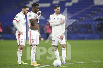 2021-02-09 - Houssem AOUAR of Lyon and Maxwel CORNET of Lyon and Rayan CHERKI of Lyon during the French Cup, round of 64 football match between Olympique Lyonnais and AC Ajaccio on February 9, 2021 at Groupama Stadium in Décines-Charpieu near Lyon, France - Photo Romain Biard / Isports / DPPI - OLYMPIQUE LYONNAIS AND AC AJACCIO - FRENCH CUP - SOCCER