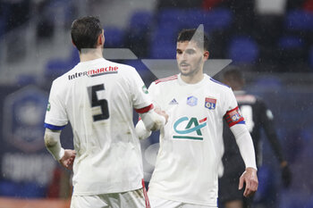 2021-02-09 - Houssem AOUAR of Lyon and Mattia DE SCIGLIO of Lyon during the French Cup, round of 64 football match between Olympique Lyonnais and AC Ajaccio on February 9, 2021 at Groupama Stadium in DÃ©cines-Charpieu near Lyon, France - Photo Romain Biard / Isports / DPPI - OLYMPIQUE LYONNAIS AND AC AJACCIO - FRENCH CUP - SOCCER