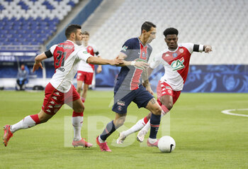 2021-05-19 - Angel Di Maria of PSG between Kevin Volland and Aurelien Tchouameni of Monaco during the French Cup Final football match between AS Monaco (ASM) and Paris Saint-Germain PSG on May 19, 2021 at Stade de France in Saint-Denis near Paris, France - Photo Jean Catuffe / DPPI - FINAL - AS MONACO (ASM) VS PARIS SAINT-GERMAIN PSG - FRENCH CUP - SOCCER