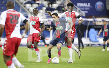 2021-05-19 - Angel Di Maria of PSG between Youssouf Fofana and Aurelien Tchouameni of Monaco during the French Cup Final football match between AS Monaco (ASM) and Paris Saint-Germain PSG on May 19, 2021 at Stade de France in Saint-Denis near Paris, France - Photo Jean Catuffe / DPPI - FINAL - AS MONACO (ASM) VS PARIS SAINT-GERMAIN PSG - FRENCH CUP - SOCCER