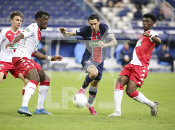2021-05-19 - Angel Di Maria of PSG between Axel Disasi and Aurelien Tchouameni of Monaco (left) during the French Cup Final football match between AS Monaco (ASM) and Paris Saint-Germain PSG on May 19, 2021 at Stade de France in Saint-Denis near Paris, France - Photo Jean Catuffe / DPPI - FINAL - AS MONACO (ASM) VS PARIS SAINT-GERMAIN PSG - FRENCH CUP - SOCCER