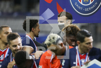 2021-05-19 - President of France Emmanuel Macron salutes Marquinhos of PSG during the trophy ceremony following the French Cup Final football match between AS Monaco (ASM) and Paris Saint-Germain PSG on May 19, 2021 at Stade de France in Saint-Denis near Paris, France - Photo Jean Catuffe / DPPI - FINAL - AS MONACO (ASM) VS PARIS SAINT-GERMAIN PSG - FRENCH CUP - SOCCER