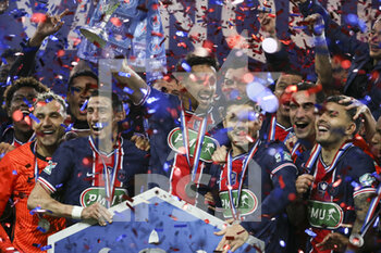 2021-05-19 - Captain Marquinhos of PSG and teammates celebrate during the trophy ceremony following the French Cup Final football match between AS Monaco (ASM) and Paris Saint-Germain PSG on May 19, 2021 at Stade de France in Saint-Denis near Paris, France - Photo Jean Catuffe / DPPI - FINAL - AS MONACO (ASM) VS PARIS SAINT-GERMAIN PSG - FRENCH CUP - SOCCER