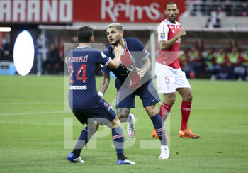 2020-09-27 - Mauro Icardi of PSG celebrates his goal with Alessandro Florenzi during the French championship Ligue 1 football match between Stade de Reims and Paris Saint-Germain on September 27, 2020 at Stade Auguste Delaune in Reims, France - Photo Juan Soliz / DPPI - STADE DE REIMS VS PARIS SAINT-GERMAIN - FRENCH LIGUE 1 - SOCCER