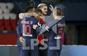 2020-10-02 - Neymar Jr of PSG celebrates his first goal with Kylian Mbappe, Mauro Icardi, Marco Verratti during the French championship Ligue 1 football match between Paris Saint-Germain and SCO Angers on October 2, 2020 at Parc des Princes stadium in Paris, France - Photo Jean Catuffe / DPPI - PARIS SAINT-GERMAIN VS SCO ANGERS - FRENCH LIGUE 1 - SOCCER