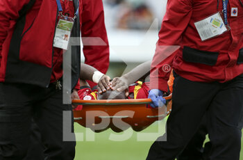 2020-10-03 - Injured, Ignatius Ganago of Lens is leaving the pitch on a stretcher during the French championship Ligue 1 football match between RC Lens and AS Saint Etienne (ASSE) on October 3, 2020 at Stade Bollaert-Delelis formerly Stade Felix Bollaert in Lens, France - Photo Jean Catuffe / DPPI - RC LENS VS AS SAINT ETIENNE (ASSE) - FRENCH LIGUE 1 - SOCCER