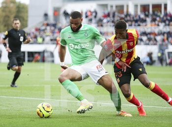 2020-10-03 - Harold Moukoudi of Saint-Etienne, Simon Banza of Lens during the French championship Ligue 1 football match between RC Lens and AS Saint Etienne (ASSE) on October 3, 2020 at Stade Bollaert-Delelis formerly Stade Felix Bollaert in Lens, France - Photo Jean Catuffe / DPPI - RC LENS VS AS SAINT ETIENNE (ASSE) - FRENCH LIGUE 1 - SOCCER