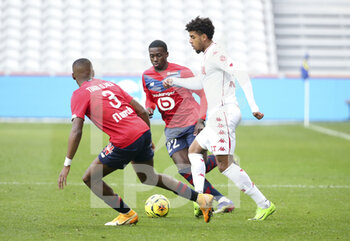 2020-12-06 - Willem Geubbels of Monaco, Timothy Weah of Lille (left) during the French championship Ligue 1 football match between Lille OSC and AS Monaco on December 6, 2020 at Stade Pierre Mauroy in Villeneuve-d'Ascq near Lille, France - Photo Jean Catuffe / DPPI - LILLE OSC VS AS MONACO - FRENCH LIGUE 1 - SOCCER