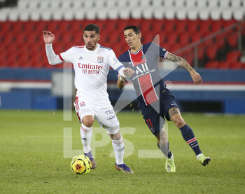 2020-12-13 - Houssem Aouar of Lyon, Angel Di Maria of PSG during the French championship Ligue 1 football match between Paris Saint-Germain (PSG) and Olympique Lyonnais (OL) on December 13, 2020 at Parc des Princes stadium in Paris, France - Photo Jean Catuffe / DPPI - PARIS SAINT-GERMAIN (PSG) VS OLYMPIQUE LYONNAIS (OL) - FRENCH LIGUE 1 - SOCCER