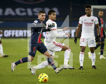2020-12-13 - Lucas Paqueta of Lyon, Marco Verratti of PSG (left) during the French championship Ligue 1 football match between Paris Saint-Germain (PSG) and Olympique Lyonnais (OL) on December 13, 2020 at Parc des Princes stadium in Paris, France - Photo Jean Catuffe / DPPI - PARIS SAINT-GERMAIN (PSG) VS OLYMPIQUE LYONNAIS (OL) - FRENCH LIGUE 1 - SOCCER