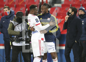 2020-12-13 - Sinaly Diomande and Tino Kadewere of Lyon celebrate the victory following the French championship Ligue 1 football match between Paris Saint-Germain (PSG) and Olympique Lyonnais (OL) on December 13, 2020 at Parc des Princes stadium in Paris, France - Photo Jean Catuffe / DPPI - PARIS SAINT-GERMAIN (PSG) VS OLYMPIQUE LYONNAIS (OL) - FRENCH LIGUE 1 - SOCCER