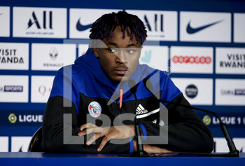 2020-12-23 - Mohamed Simakan of Strasbourg answers to the media during the post-match press conference following the French championship Ligue 1 football match between Paris Saint-Germain (PSG) and RC Strasbourg on December 23, 2020 at Parc des Princes stadium in Paris, France - Photo Jean Catuffe / DPPI - PARIS SAINT-GERMAIN (PSG) VS RC STRASBOURG - FRENCH LIGUE 1 - SOCCER