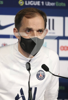 2020-12-23 - Last picture of Thomas Tuchel as coach of PSG (he has been fired few hours later) during the post-match press conference following the French championship Ligue 1 football match between Paris Saint-Germain (PSG) and RC Strasbourg on December 23, 2020 at Parc des Princes stadium in Paris, France - Photo Jean Catuffe / DPPI - PARIS SAINT-GERMAIN (PSG) VS RC STRASBOURG - FRENCH LIGUE 1 - SOCCER