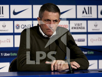 2020-12-23 - Coach of RC Strasbourg Thierry Laurey answers to the media during the post-match press conference following the French championship Ligue 1 football match between Paris Saint-Germain (PSG) and RC Strasbourg on December 23, 2020 at Parc des Princes stadium in Paris, France - Photo Jean Catuffe / DPPI - PARIS SAINT-GERMAIN (PSG) VS RC STRASBOURG - FRENCH LIGUE 1 - SOCCER